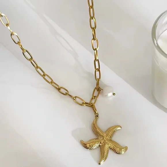 18K Gold Stainless Steel Starfish Pearl Pendant Necklace 
Elegant Necklace - Picture 3 of 8